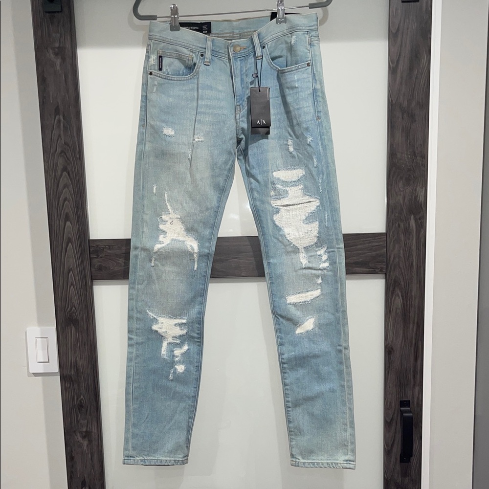 Armani Exchange Light Blue Distressed Slim 5 pocket Jeans NWT 30 x 33 30R